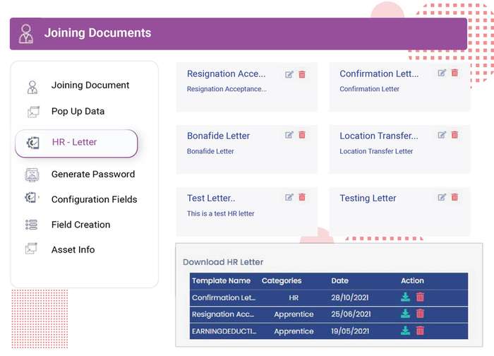 HRMS Dashboard showing HR letters such as resignation acceptance, confirmation letter, bonafide letter, location transfer letter, and test letter