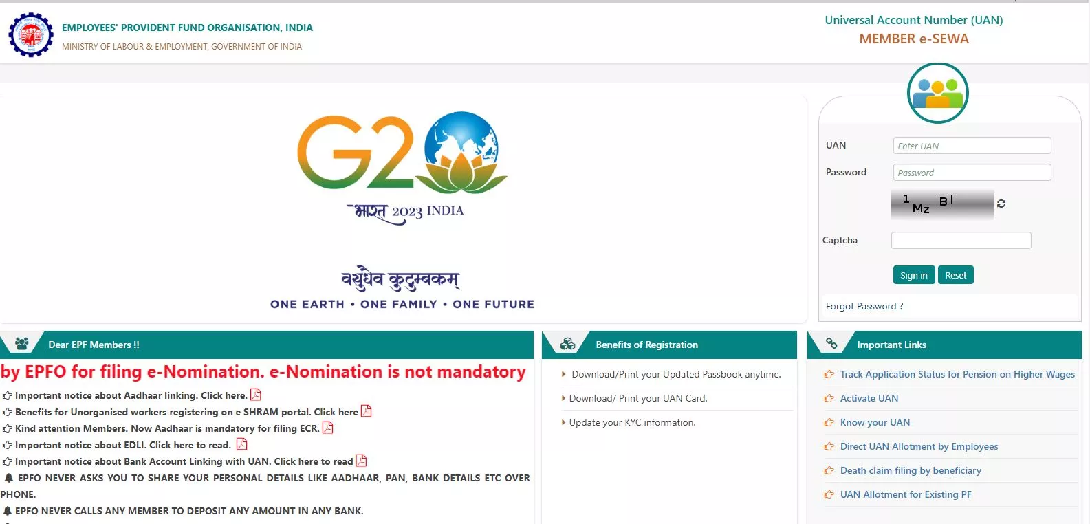 EPFO Members portal dashboard for queries related to UAN Number (Universal Account Number) 