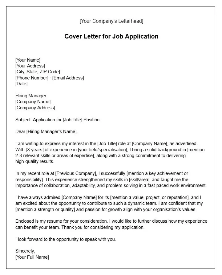 Cover letter sample for job application in word format