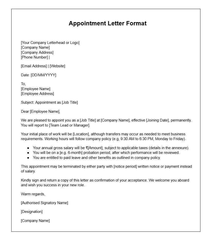 Appointment letter format in word